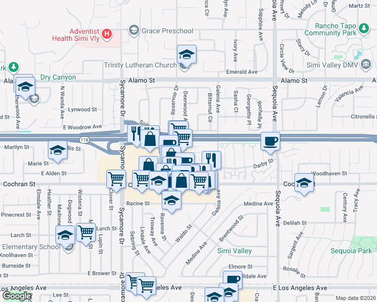 map of restaurants, bars, coffee shops, grocery stores, and more near 2579 Little Rock Lane in Simi Valley