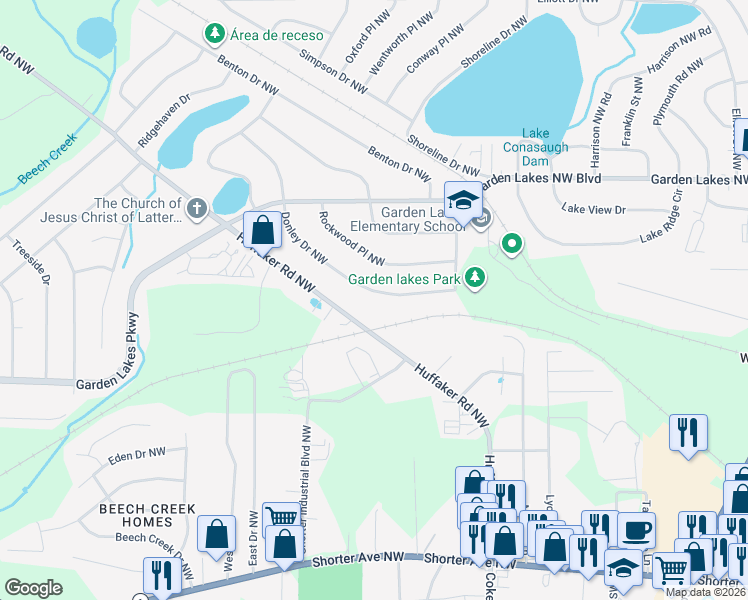 map of restaurants, bars, coffee shops, grocery stores, and more near 210 Huffaker Road Northwest in Rome
