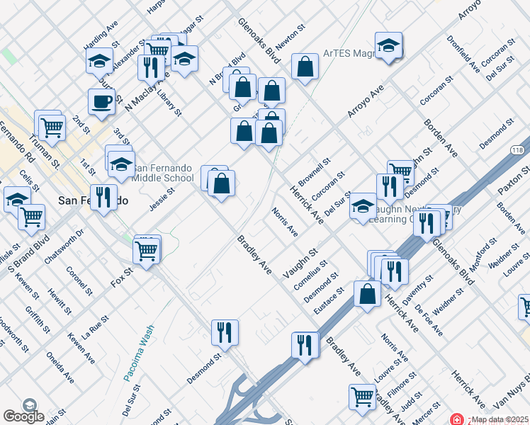 map of restaurants, bars, coffee shops, grocery stores, and more near 11607 Norris Avenue in San Fernando