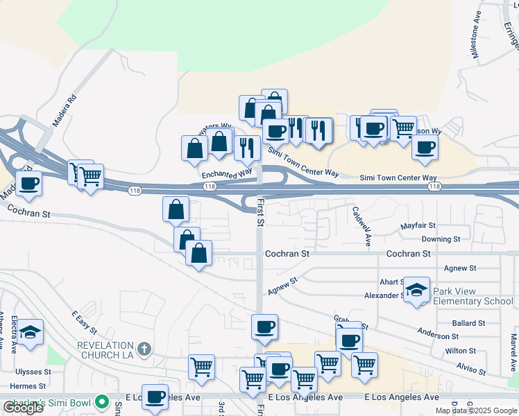 map of restaurants, bars, coffee shops, grocery stores, and more near 2566 First Street in Simi Valley