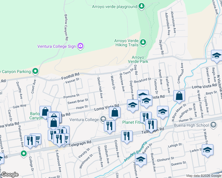 map of restaurants, bars, coffee shops, grocery stores, and more near 311 Walnut Drive in Ventura