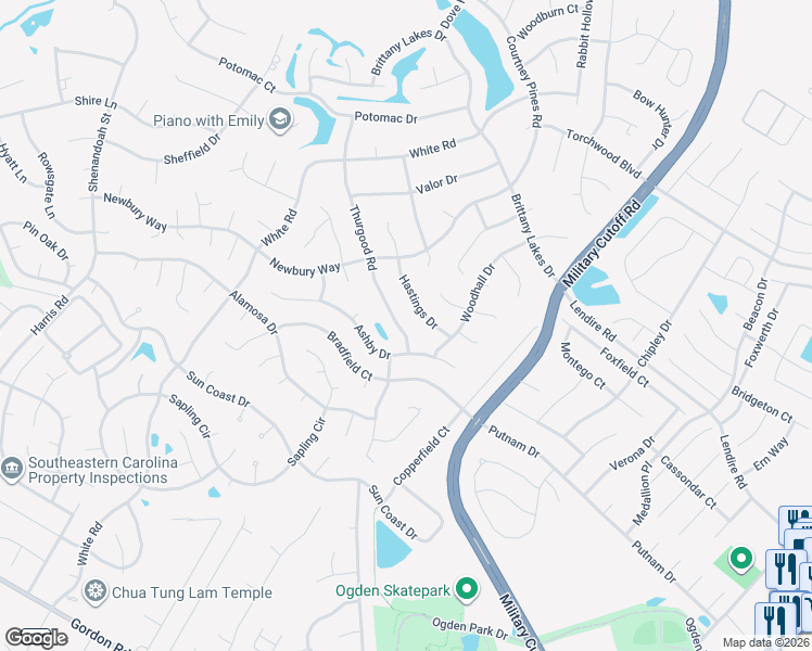 map of restaurants, bars, coffee shops, grocery stores, and more near 7105 Thurgood Road in Wilmington