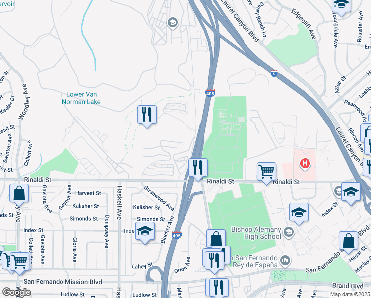 map of restaurants, bars, coffee shops, grocery stores, and more near 11611 Blucher Avenue in Los Angeles