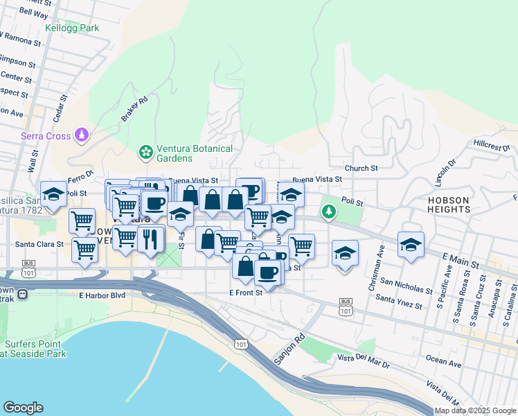 map of restaurants, bars, coffee shops, grocery stores, and more near 38 North Laurel Street in Ventura