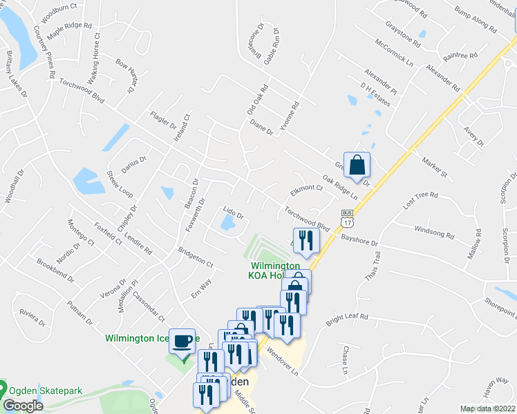 map of restaurants, bars, coffee shops, grocery stores, and more near 7409 Coker Court in Wilmington