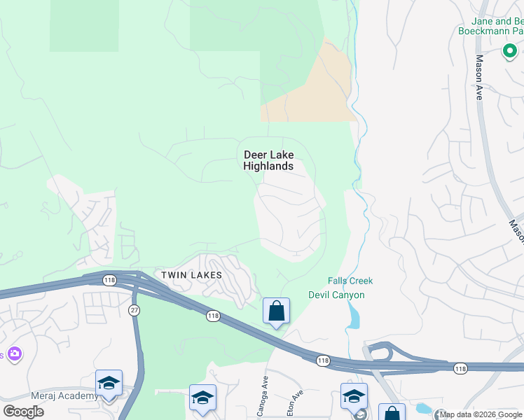 map of restaurants, bars, coffee shops, grocery stores, and more near 11615 Deerlake Ranch Road in Los Angeles County