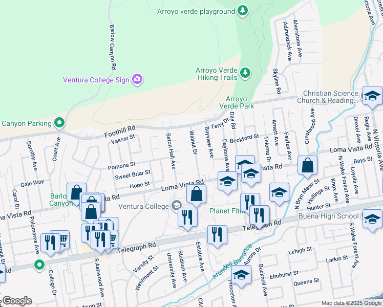 map of restaurants, bars, coffee shops, grocery stores, and more near 317 Walnut Drive in Ventura