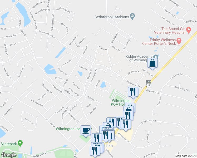 map of restaurants, bars, coffee shops, grocery stores, and more near 121 Lido Drive in Wilmington