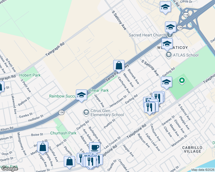 map of restaurants, bars, coffee shops, grocery stores, and more near 643 Rochester Court in Ventura