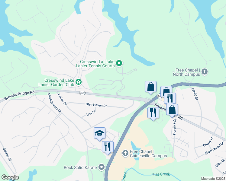map of restaurants, bars, coffee shops, grocery stores, and more near 3164 Willow Creek Drive in Gainesville