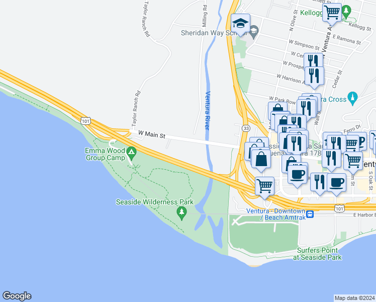 map of restaurants, bars, coffee shops, grocery stores, and more near 800 West Main Street in Ventura