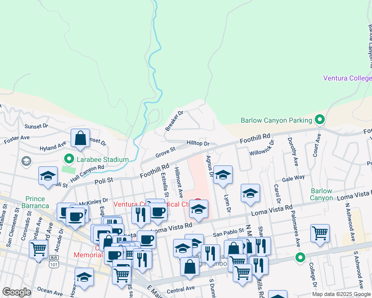 map of restaurants, bars, coffee shops, grocery stores, and more near 3180 Grove Street in Ventura