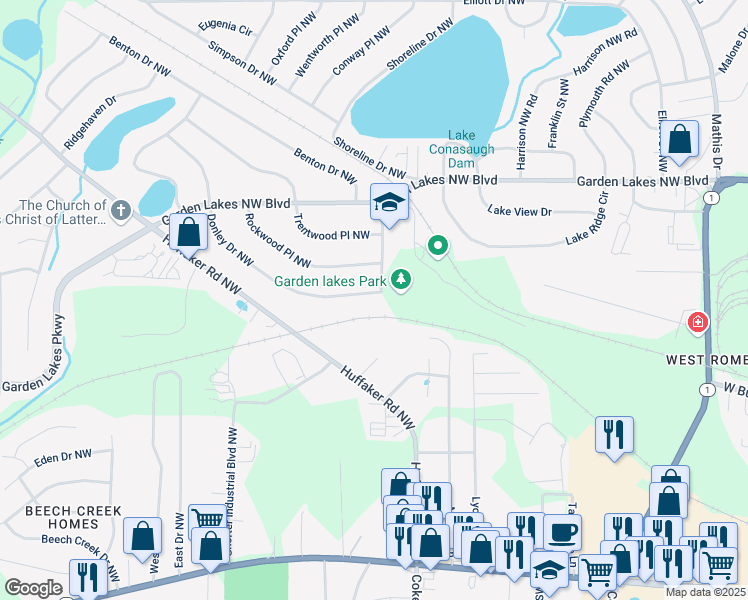 map of restaurants, bars, coffee shops, grocery stores, and more near 1 Donley Drive Northwest in Rome