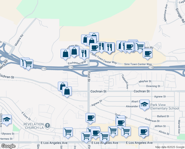 map of restaurants, bars, coffee shops, grocery stores, and more near 1158 Tivoli Lane in Simi Valley