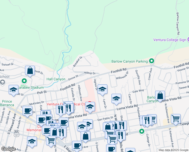 map of restaurants, bars, coffee shops, grocery stores, and more near 420 Agnus Drive in Ventura