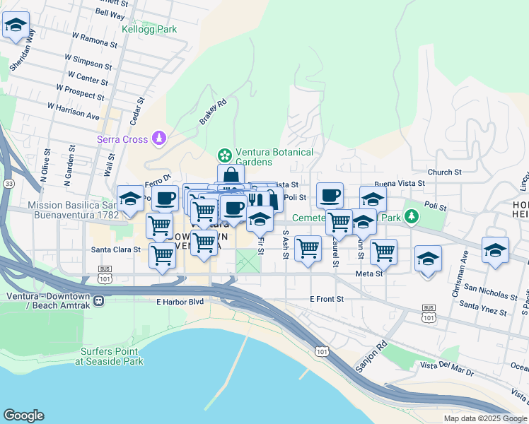 map of restaurants, bars, coffee shops, grocery stores, and more near 671 East Main Street in Ventura