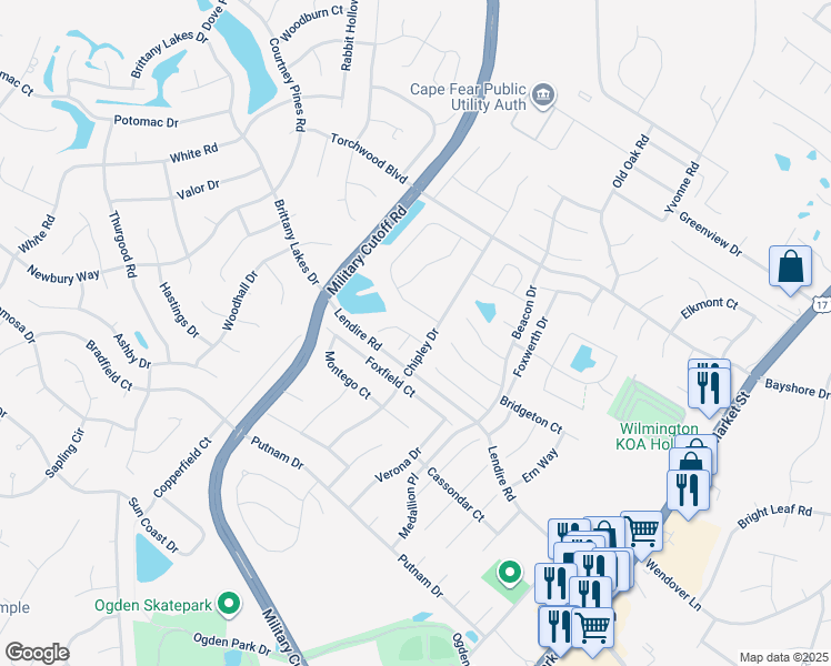 map of restaurants, bars, coffee shops, grocery stores, and more near 7312 Pamlico Court in Wilmington