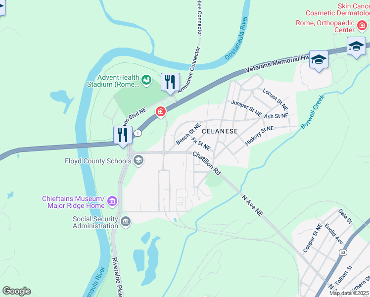 map of restaurants, bars, coffee shops, grocery stores, and more near 0 Cypress Street Northeast in Rome