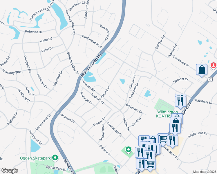 map of restaurants, bars, coffee shops, grocery stores, and more near Chipley Drive in Wilmington