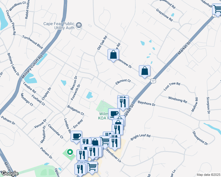 map of restaurants, bars, coffee shops, grocery stores, and more near 7421 Alcoa Way in Wilmington