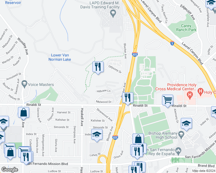 map of restaurants, bars, coffee shops, grocery stores, and more near 15633 Viewridge Lane in Los Angeles