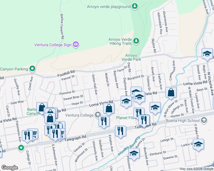 map of restaurants, bars, coffee shops, grocery stores, and more near 325 Walnut Drive in Ventura