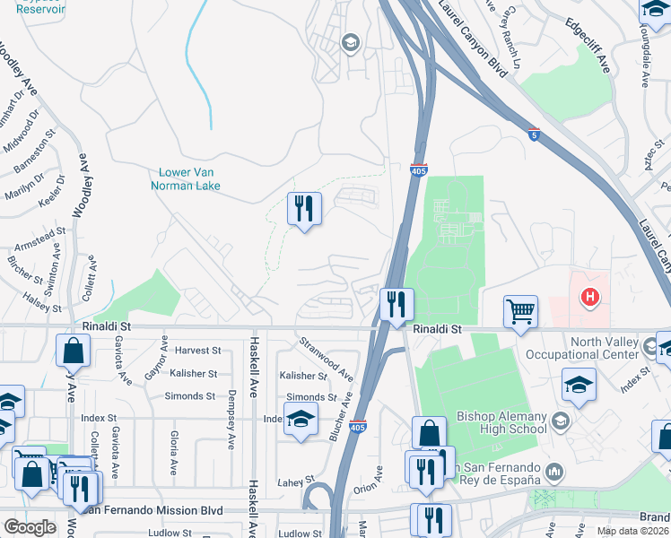 map of restaurants, bars, coffee shops, grocery stores, and more near 15610 Viewridge Lane in Los Angeles