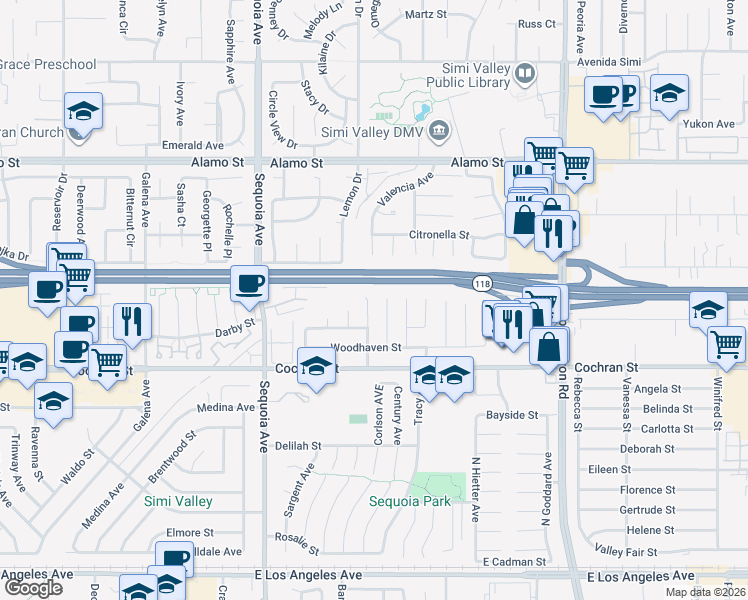 map of restaurants, bars, coffee shops, grocery stores, and more near 2572 Parkdale Avenue in Simi Valley