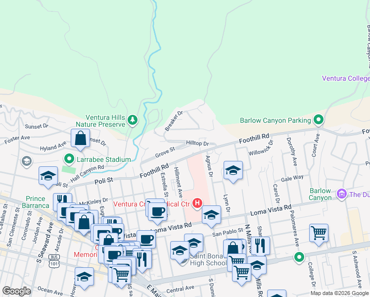 map of restaurants, bars, coffee shops, grocery stores, and more near 3180 Grove Street in Ventura