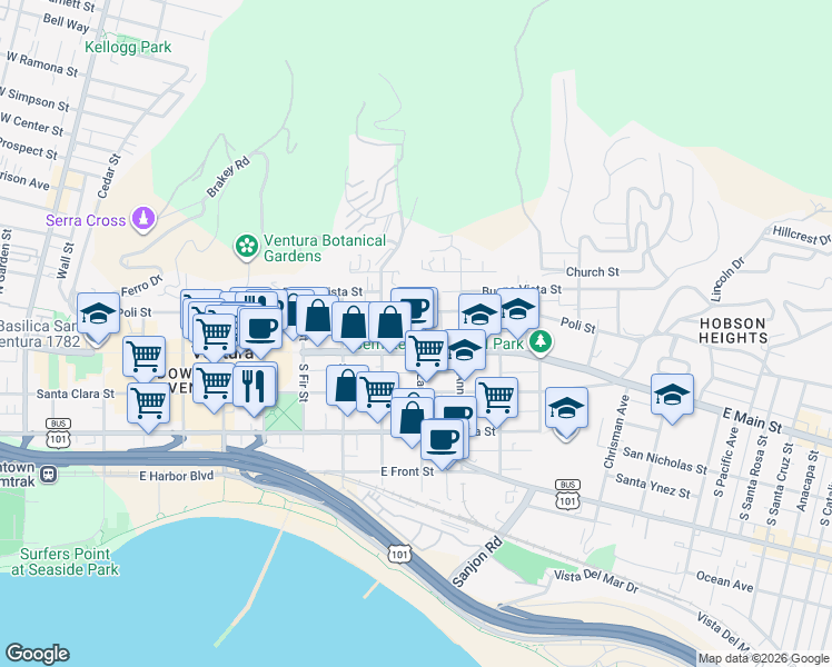 map of restaurants, bars, coffee shops, grocery stores, and more near 967 East Main Street in Ventura