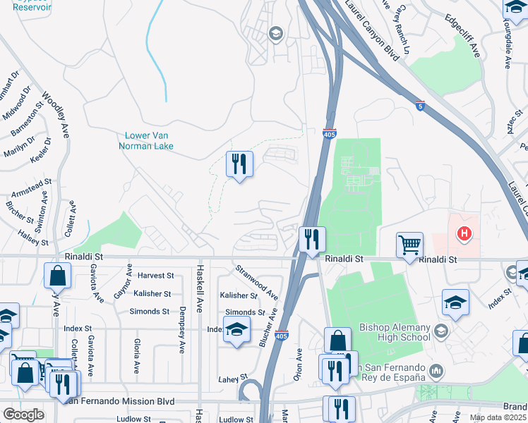 map of restaurants, bars, coffee shops, grocery stores, and more near 15610 Crestview Lane in Los Angeles
