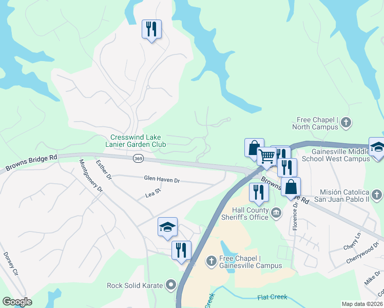 map of restaurants, bars, coffee shops, grocery stores, and more near 3168 Willow Creek Drive in Gainesville