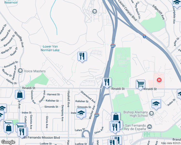 map of restaurants, bars, coffee shops, grocery stores, and more near 15617 Crestview Lane in Los Angeles