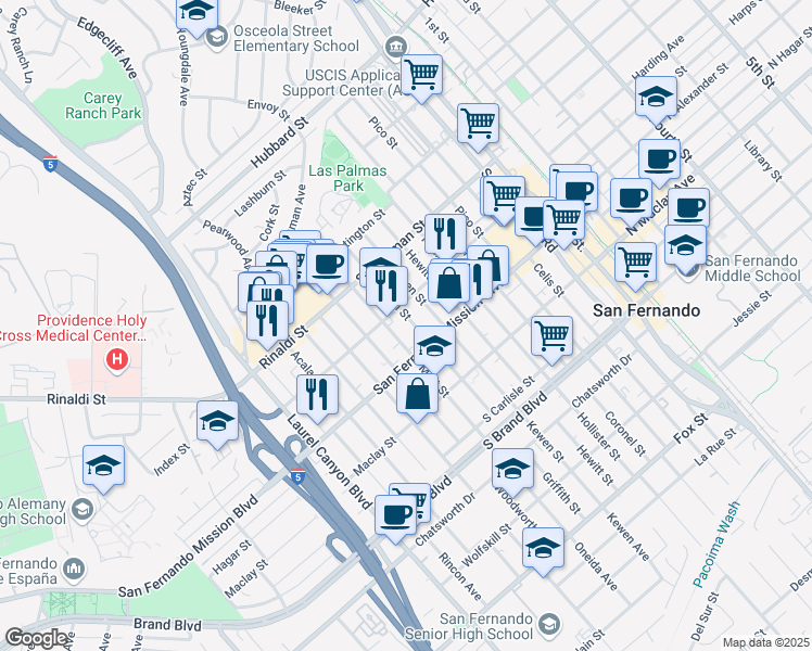 map of restaurants, bars, coffee shops, grocery stores, and more near 1230 Griffith Street in San Fernando