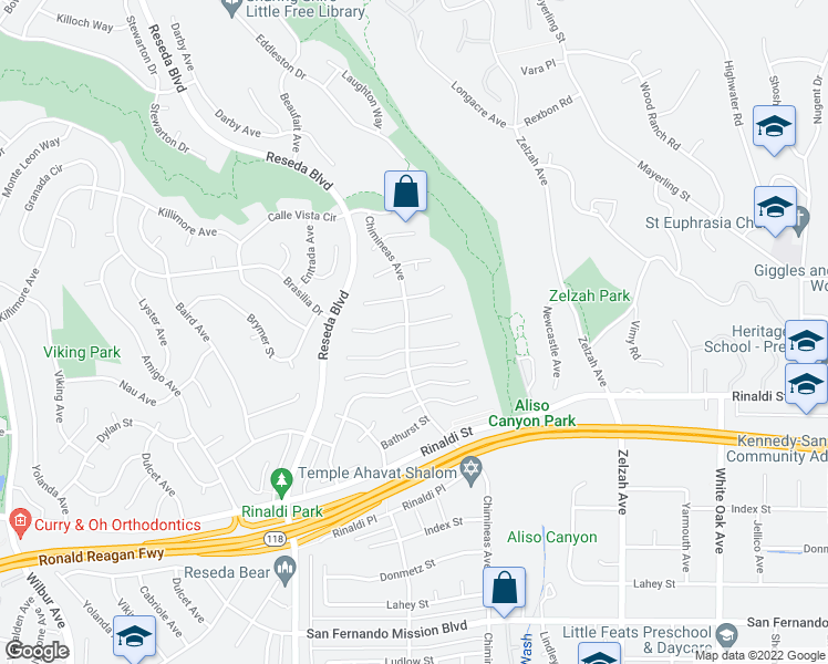 map of restaurants, bars, coffee shops, grocery stores, and more near 18234 Chatham Lane in Los Angeles