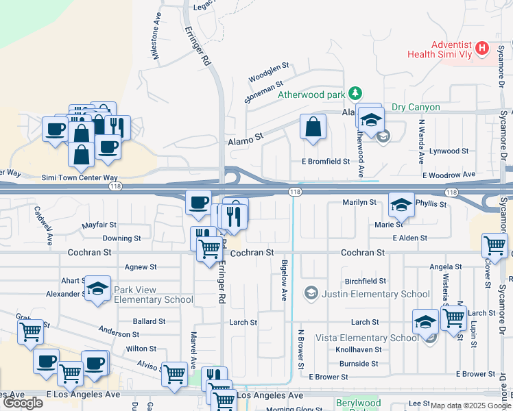 map of restaurants, bars, coffee shops, grocery stores, and more near 1965 Penngrove Street in Simi Valley