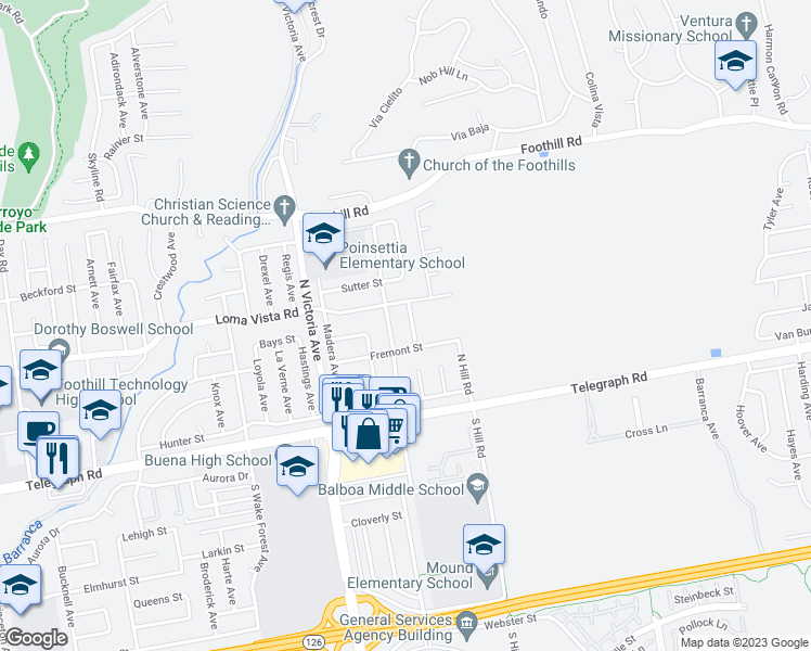 map of restaurants, bars, coffee shops, grocery stores, and more near 159 Donner Avenue in Ventura