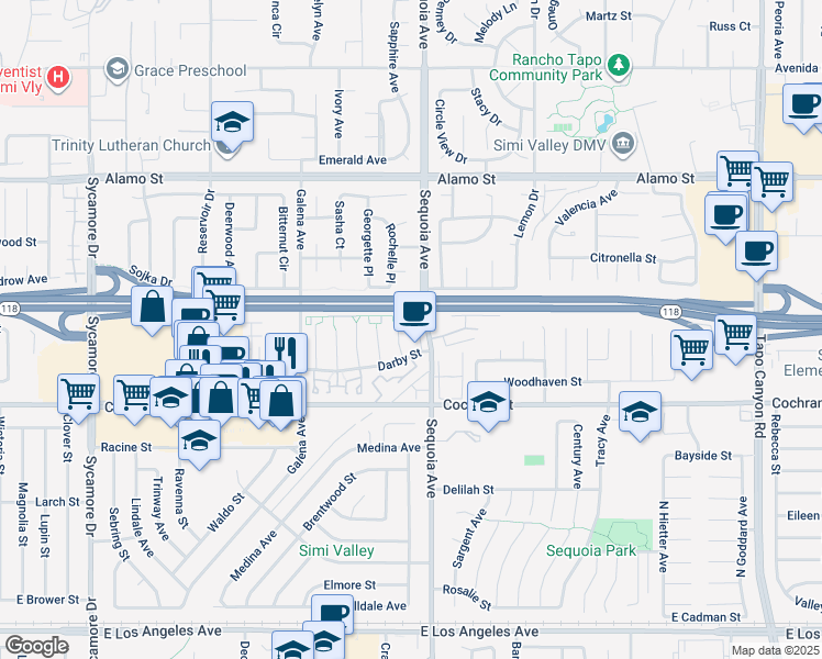 map of restaurants, bars, coffee shops, grocery stores, and more near 2531 Radford Court in Simi Valley
