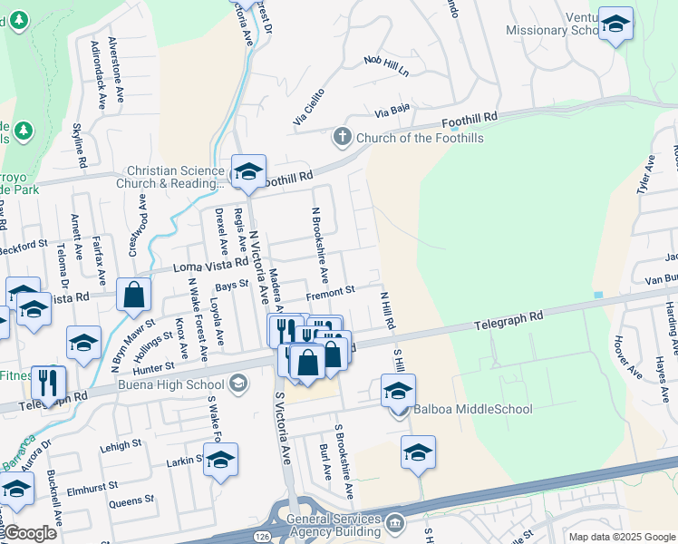 map of restaurants, bars, coffee shops, grocery stores, and more near 159 Donner Avenue in Ventura