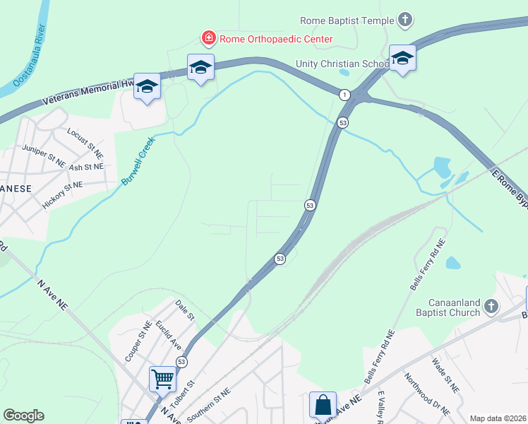 map of restaurants, bars, coffee shops, grocery stores, and more near 2651 North Broad Extended Northeast in Rome