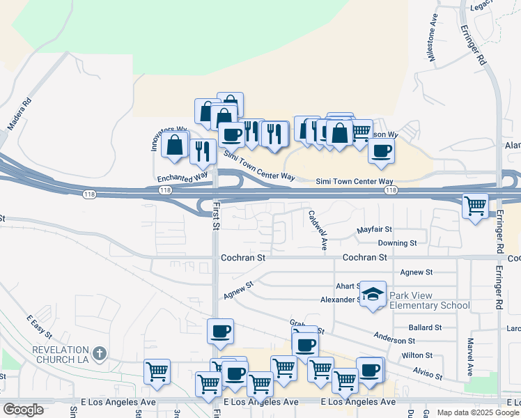 map of restaurants, bars, coffee shops, grocery stores, and more near 1231 Tivoli Lane in Simi Valley