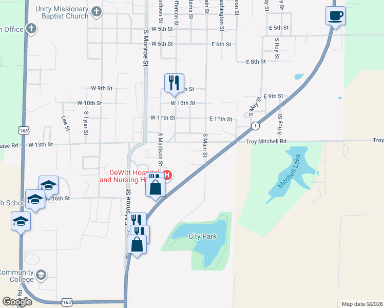 map of restaurants, bars, coffee shops, grocery stores, and more near 114 West 15th Street in DeWitt
