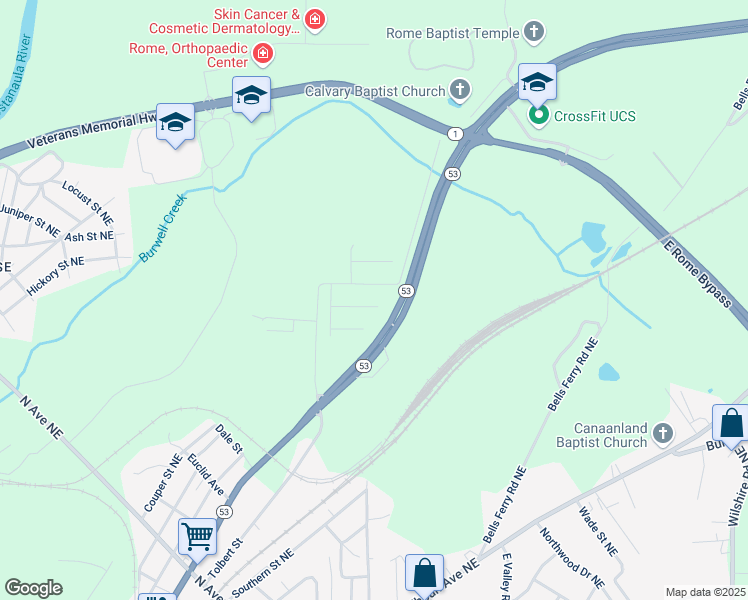 map of restaurants, bars, coffee shops, grocery stores, and more near 17 Joplin Street Northeast in Rome