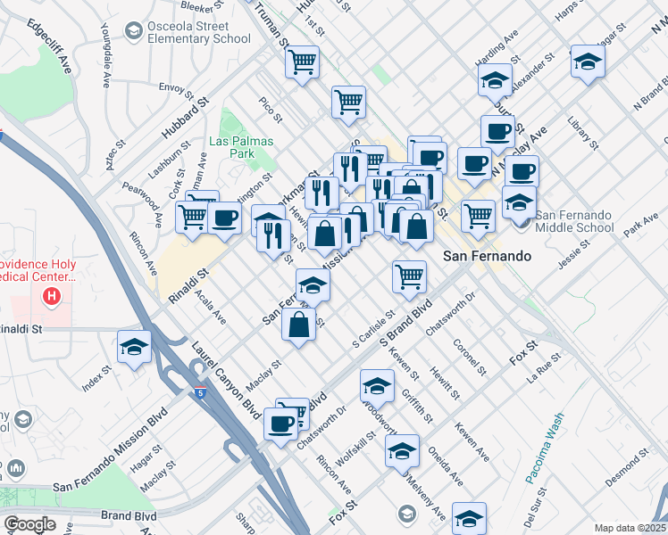 map of restaurants, bars, coffee shops, grocery stores, and more near 550 San Fernando Mission Boulevard in San Fernando