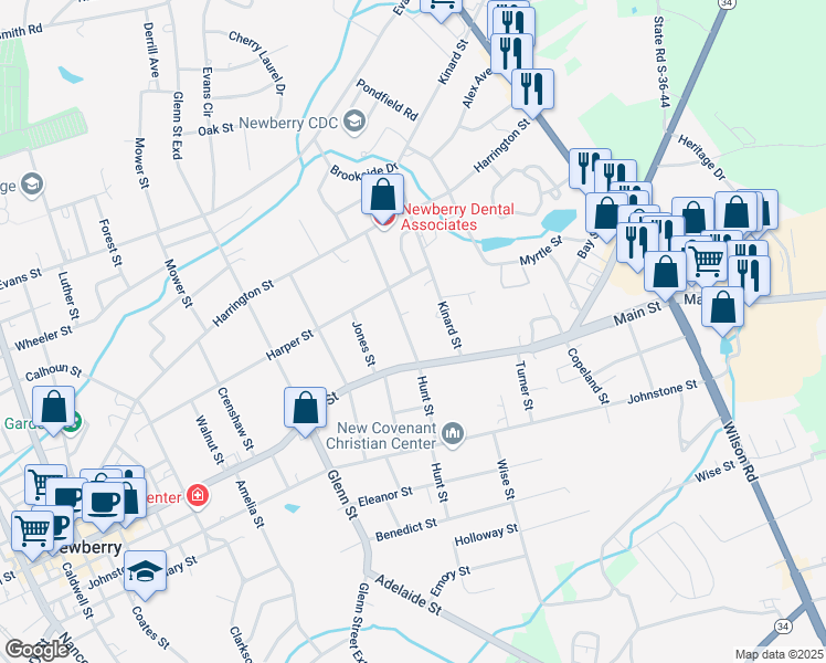 map of restaurants, bars, coffee shops, grocery stores, and more near 1218 Hunt Street in Newberry