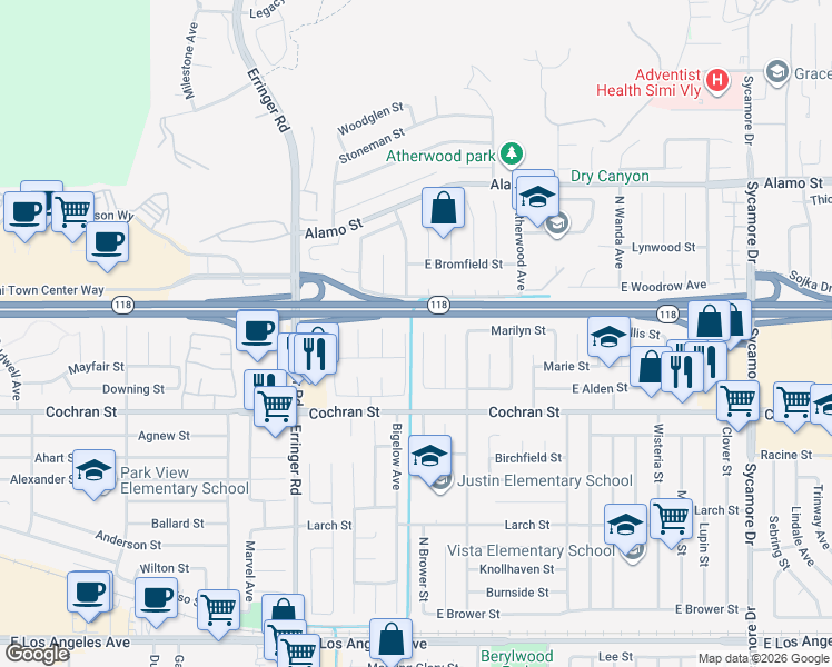 map of restaurants, bars, coffee shops, grocery stores, and more near 2575 Gayle Place in Simi Valley