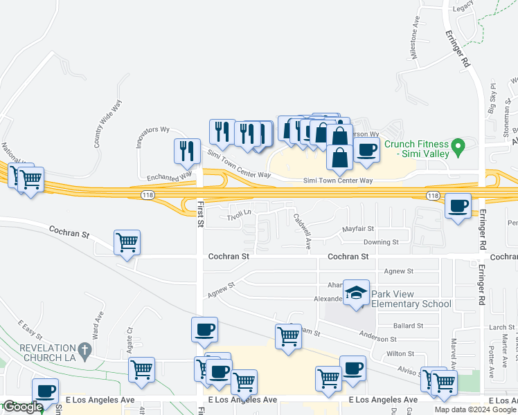 map of restaurants, bars, coffee shops, grocery stores, and more near 2485 Ridge View Court in Simi Valley