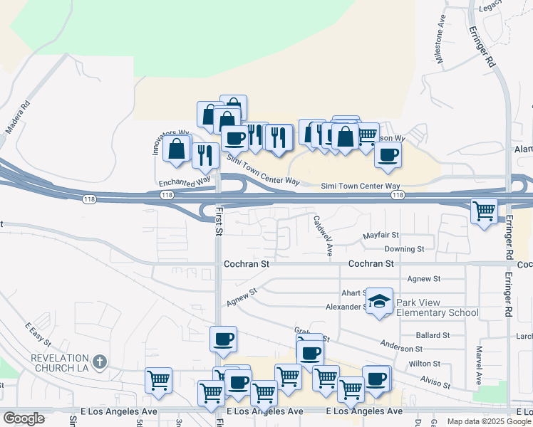 map of restaurants, bars, coffee shops, grocery stores, and more near 1230 Tivoli Lane in Simi Valley