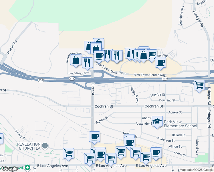 map of restaurants, bars, coffee shops, grocery stores, and more near 1230 Tivoli Lane in Simi Valley