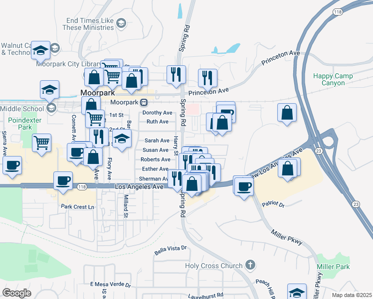 map of restaurants, bars, coffee shops, grocery stores, and more near 196 Harry Street in Moorpark